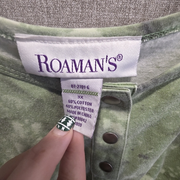 Roaman's Olive Tie-Dye Button Down Shirt - Picture 3 of 3